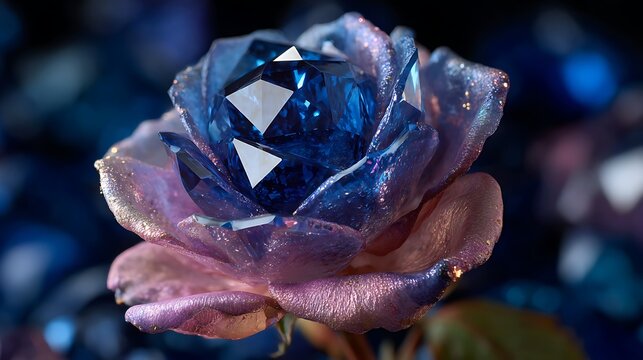 Iridescent crystal rose with faceted blue gemstone center