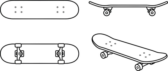 Skateboard vector icon set featuring boards from top bottom side and perspective angles © Khatun