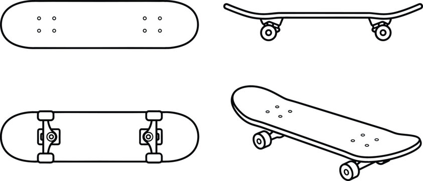 Skateboard vector icon set featuring boards from top bottom side and perspective angles