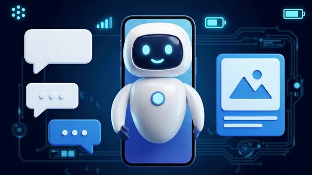 Friendly robot representing artificial intelligence chatbot waving hand above mobile phone screen with speech bubbles, displaying online communication concept on blue digital background.