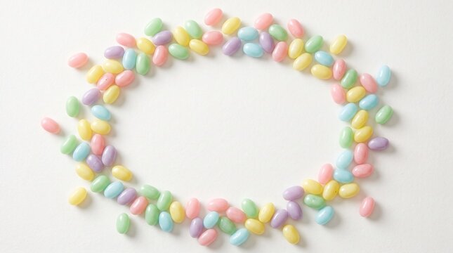 Pastel jelly beans form a clean seasonal border with copy space for spring and Easter candy campaigns, advertising layouts, packaging, websites, and promotional design.