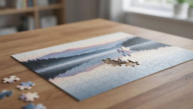 Incomplete jigsaw puzzle depicting a serene landscape with mountains and trees on a wooden table