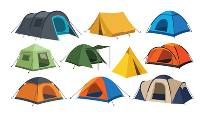 Camping tent vector set with colorful tourist shelter gear for outdoor adventure hiking recreation and wilderness summer trip © Monzurul