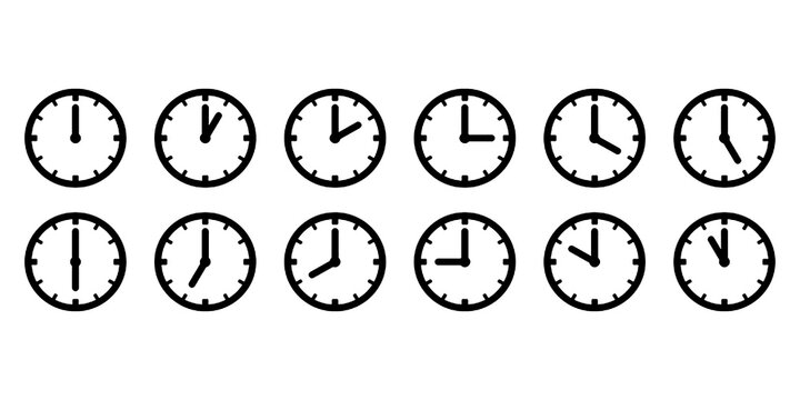 Analog clock hourly illustration icon set