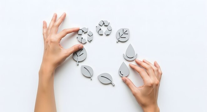 Hands arranging eco-friendly sustainable icons in a circular pattern representing environmental conservation and green energy practices