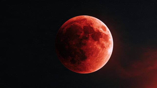 Growth of red blood moon lunar eclipse in starry night sky with nebula clouds
