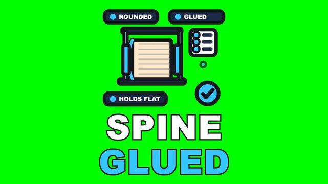 4K green screen SPINE GLUED animated text - the glue runs down the spine, the press comes on and the back is rounded, kinetic typography bookbinding overlay, chroma key