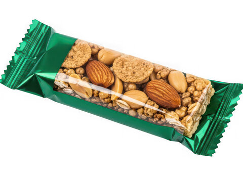 Granola nut bar in a shiny green wrapper isolated on transparent background