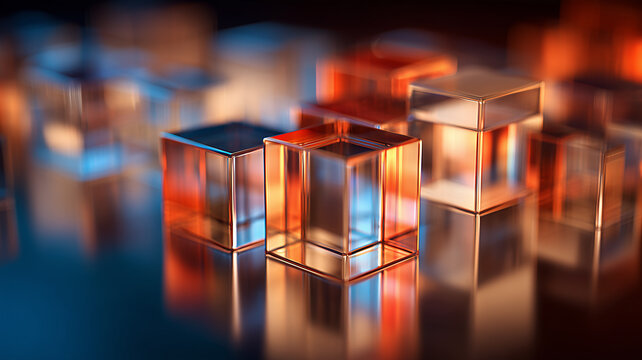 Transparent geometric cubes arranged together represent modular data structures digital systems and connected technology architecture.
