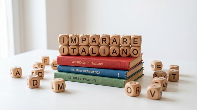 Wooden cubes spelling imparare italiano on stack of italian books for language learning. concept of education, italian vocabulary study, language acquisition.