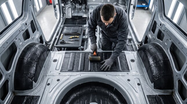 Soundproofing Car Interior Installation by a Mechanic Using a Hand Roller to Apply Vibration Damping Material to the Floor Panel