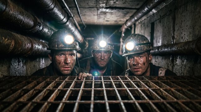 Miners Looking Through a Metal Grate in a Dark Underground Tunnel with Glowing Headlamps