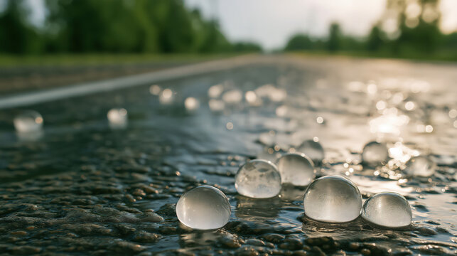 Large round hail on wet road under soft evening light