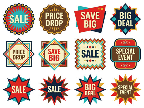 Vector illustration of a retro sale graphic badge and label bundle for retail promotion isolated on white background