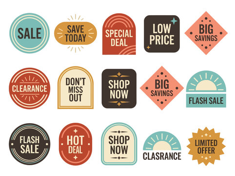 Retro vector sale signs bundle with vintage discount labels and badges for shopping promotion on white background.