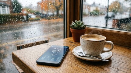 Fototapeta premium Smartphone with weather forecast app on a wooden table beside a cup of coffee. Cozy morning scene indoors near a rain streaked window. Concept of planning a day during a rainy autumn or spring season