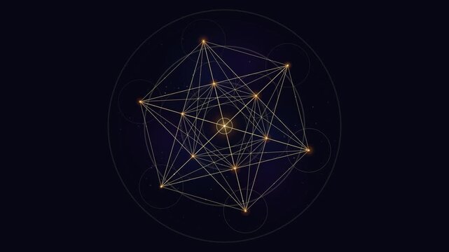 Golden geometric lines and glowing nodes connecting into a complex star polygon pattern on dark background