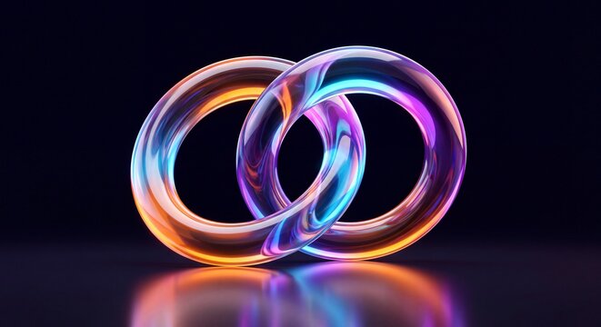 Two Glass Iridescent Rings Intertwined Chromatic Dispersion Black Background 3D Render, 32k Resolution