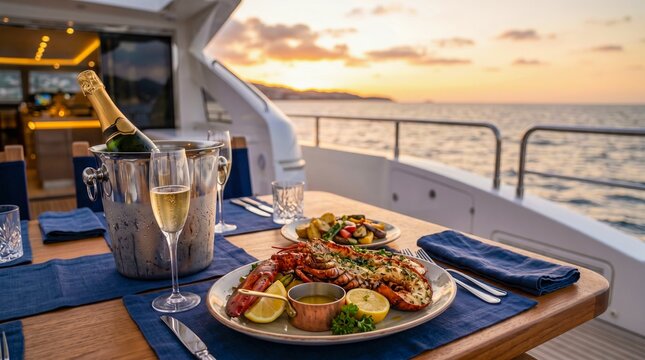 Grilled lobster platter with champagne on luxury yacht deck at sunset. Gourmet seafood dinner setting for romantic cruise trip. Fine dining vacation experience with ocean view and warm summer evening
