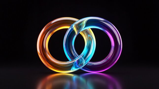 Two interlocking glowing rings with orange and blue gradient colors on a dark reflective surface with Two translucent glass rings linked together against dark background