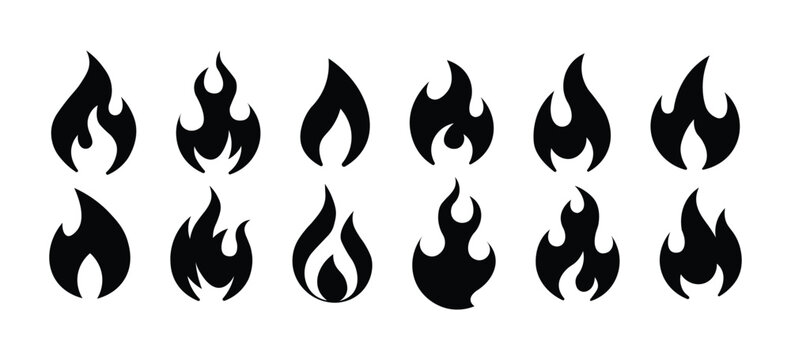 Black fire flame icon set. Collection of stylized fire and flame icons with varied shapes and inner cutout details, suitable for heat, energy, cooking, warning, combustion, and decorative designs.
