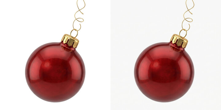 Christmas ball in glossy red glass with a gold crown cap and curly wire hanger as an isolated PNG on a transparent background