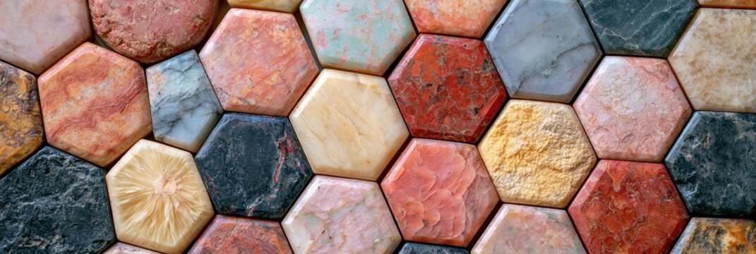 Mosaic of hexagonal natural stone tiles