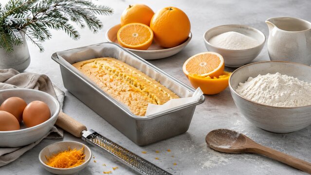 Freshly baked orange pound cake in loaf pan with flour, eggs, and citrus fruits on grey kitchen surface. Homemade pastry preparation process for breakfast and seasonal dessert