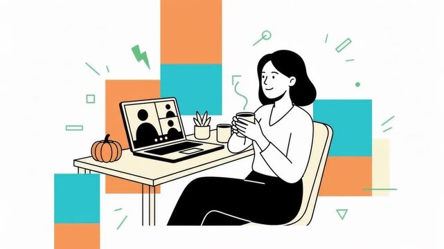 A woman enjoys a virtual meeting with a coffee break looking relaxed and content