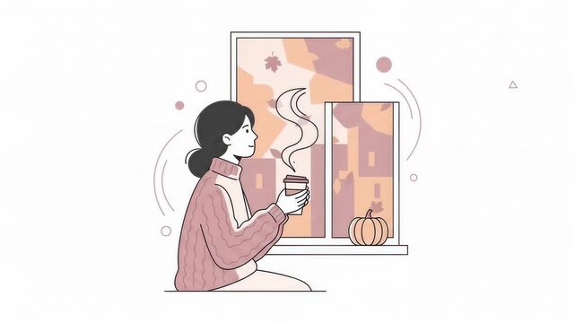Cozy scene of a woman enjoying a warm drink by the window on a fall