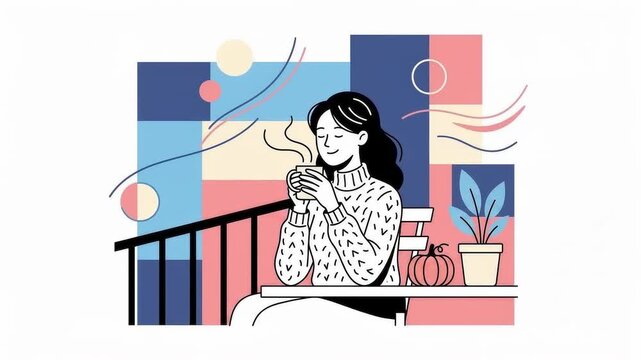 A woman enjoys a warm beverage on a balcony with abstract geometric background and decorative