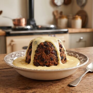 Spotted dick pudding with custard, traditional British steamed dessert, warm and comforting texture.30% main subject in the centered, agaisnt 70% background ratio 16:9 &hellip; &hellip; exaggerate the impact,, no t