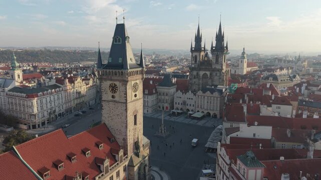 flying past Old Town Hall towards church on Old Town Square in Prague