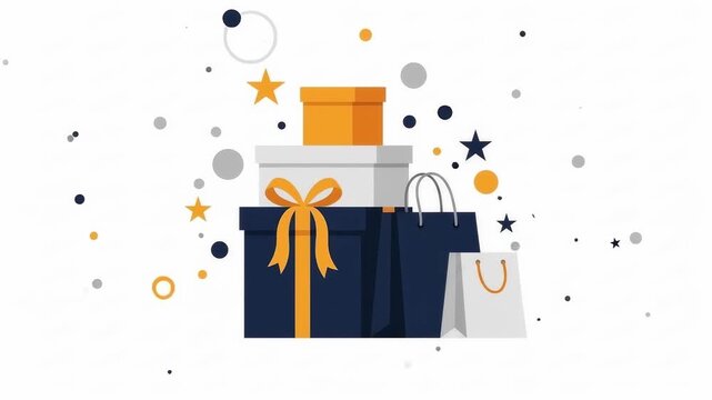 Festive gift boxes and shopping bags adorned with golden ribbons and stars celebration