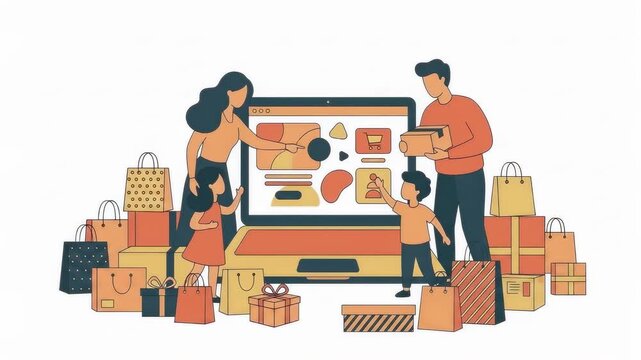 Family shopping online together with many colorful packages and a large computer screen