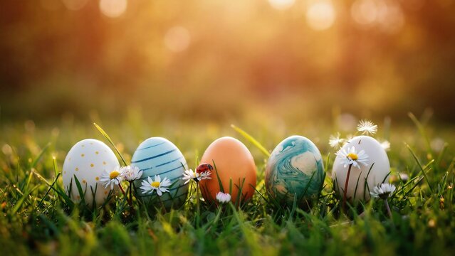 Five colorful easter eggs resting in green grass with small white daisy flowers, sunny spring meadow background, with bokeh