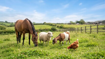 Fototapeta premium Animals grazing on a green summer pasture. Horse, sheep, goat and hen eating grass in a farm field. Domestic livestock in natural rural landscape. Agricultural life and animal husbandry