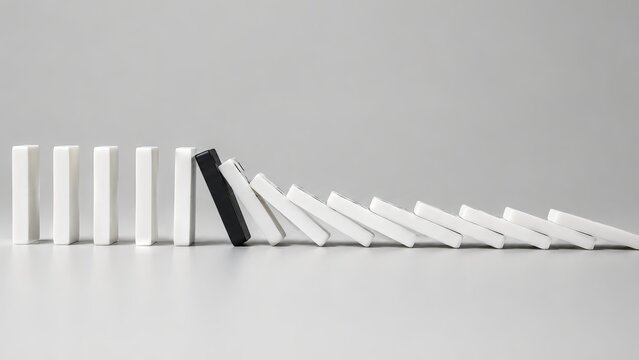 Falling dominoes on grey background concept of cause and effect chain reaction risk management strategy business decision making