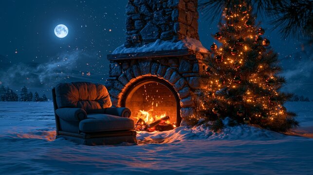 Cozy Winter Outdoor Fireplace With Snowfall and Decorative Lights