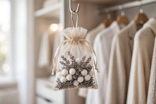Scented mothballs and lavender in organza bag hanging on hanger in tidy wardrobe closet
