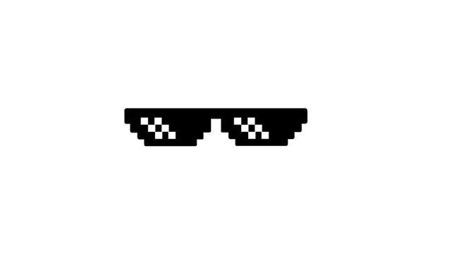Black sunglasses. Pixel art sunglasses with white light reflection and white background. Pixel Art Shades Cool Thug Glasses,Motion Graphics Video 4k.