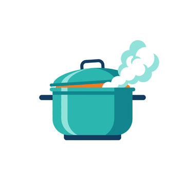 Teal Cooking Pot with Rising Steam Vector Illustration - Flat Design Casserole Pan for Recipes and Kitchen Branding