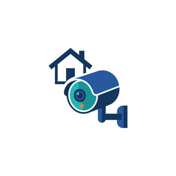 Home Security Surveillance Camera Icon with House Silhouette - Smart Home Monitoring and Protection Concept