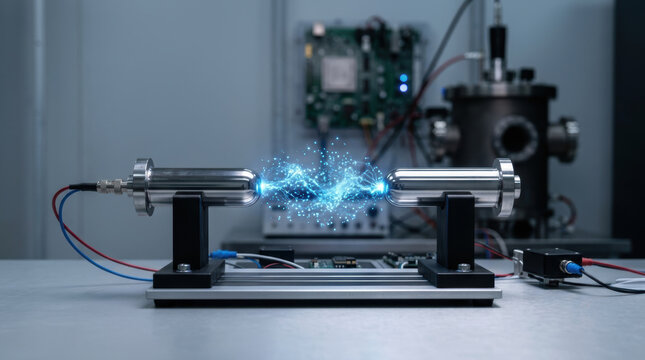 Electric vehicle battery technology experiment with glowing energy discharge between metal electrodes in laboratory setting