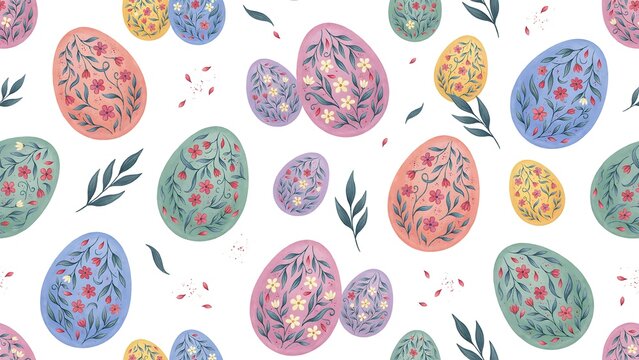 Seamless pattern of colorful watercolor easter eggs with floral patterns and green leaves on a white background, spring holiday