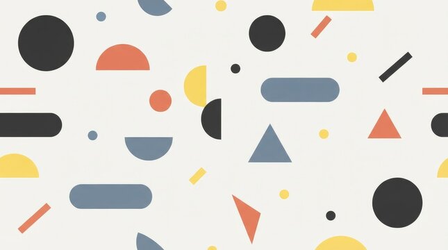 Minimalist seamless pattern featuring scattered geometric shapes like circles, semi-circles, triangles, and lines in muted blue, red, yellow, and grey