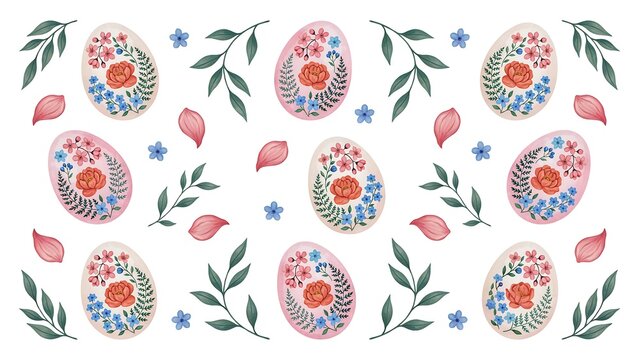 Seamless pattern of watercolor easter eggs decorated with flowers and leaves on a white background, spring holiday textile