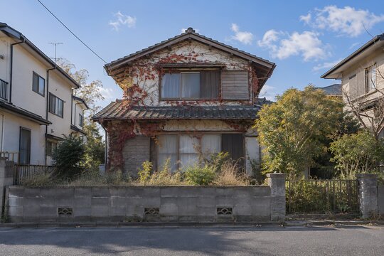 住宅街で赤く色づいたツタが壁を覆い庭に雑草が伸びる古い二階建て空き家の外観