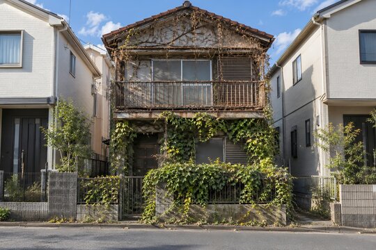 新しい住宅に挟まれた敷地でツタが外壁とベランダを覆う古い二階建て空き家