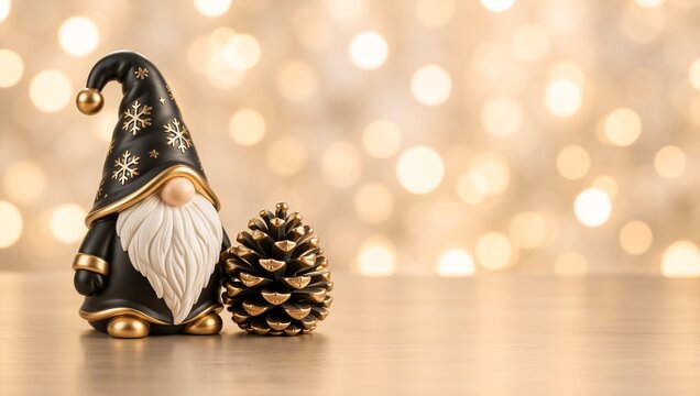 Black and gold Christmas gnome figurine beside a decorative pinecone. Nordic tomte ornament on wooden table with holiday bokeh lights. Copy space